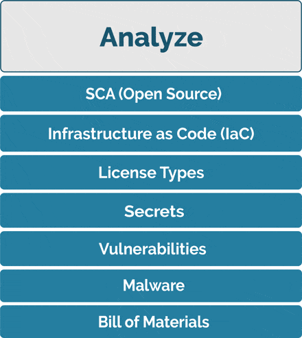 Analyze (Vulnerability Intelligence) - SCA (Open Source), Infrastructure as Code (IaC), License Types, Vulnerabilities, Secrets, Malware, Bill of Materials